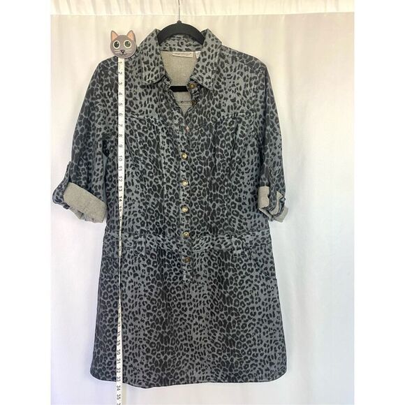 80s Vintage Denim Leopard Print Mini Dress Sz 10 Black & Grey Metal Rockerchic - Picture 12 of 13